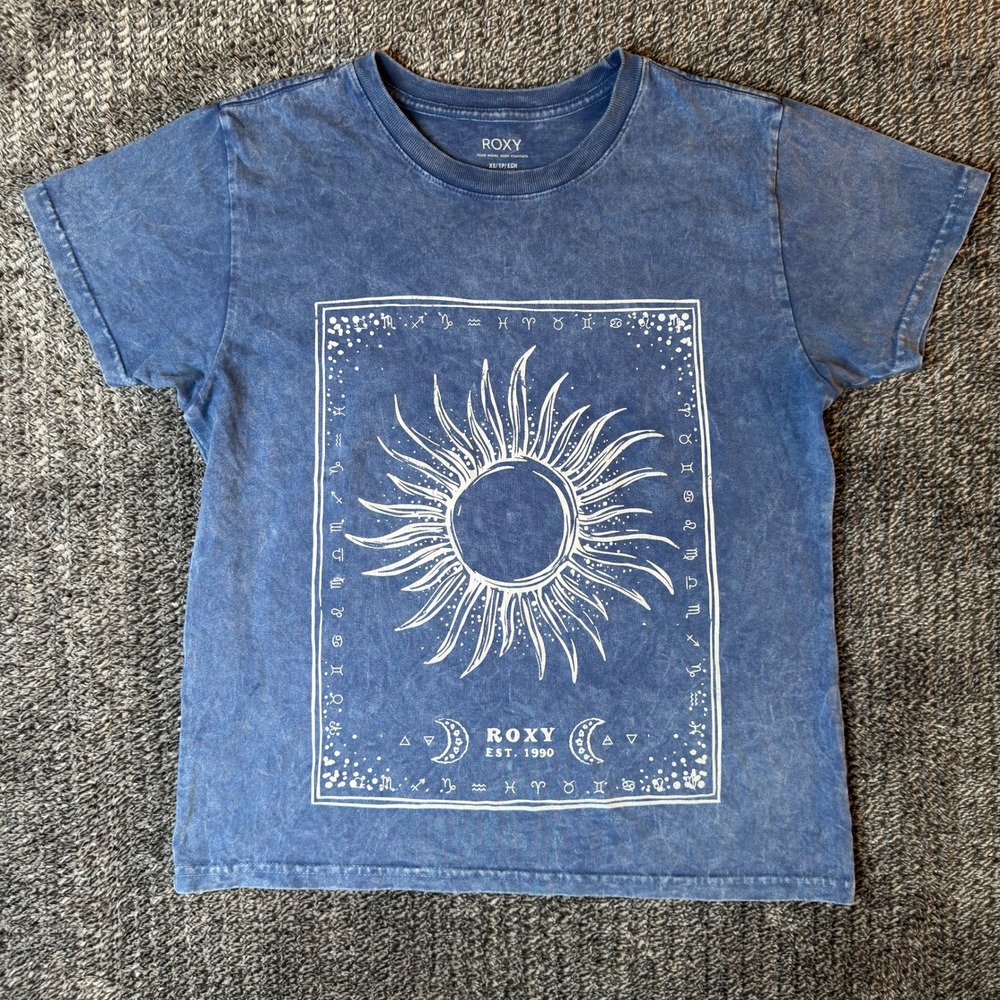 Roxy Womens Celestial Sun Zodiac Graphic Tee Blue Mineral Wash Cotton XS
